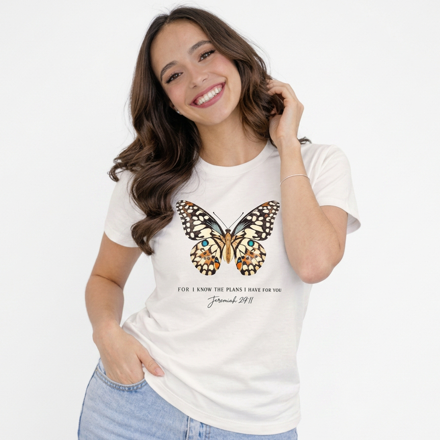 Camiseta Feminina Estampada Borboleta | Baby Look Premium Confortável Casual Cristã Gospel Tendência 2026