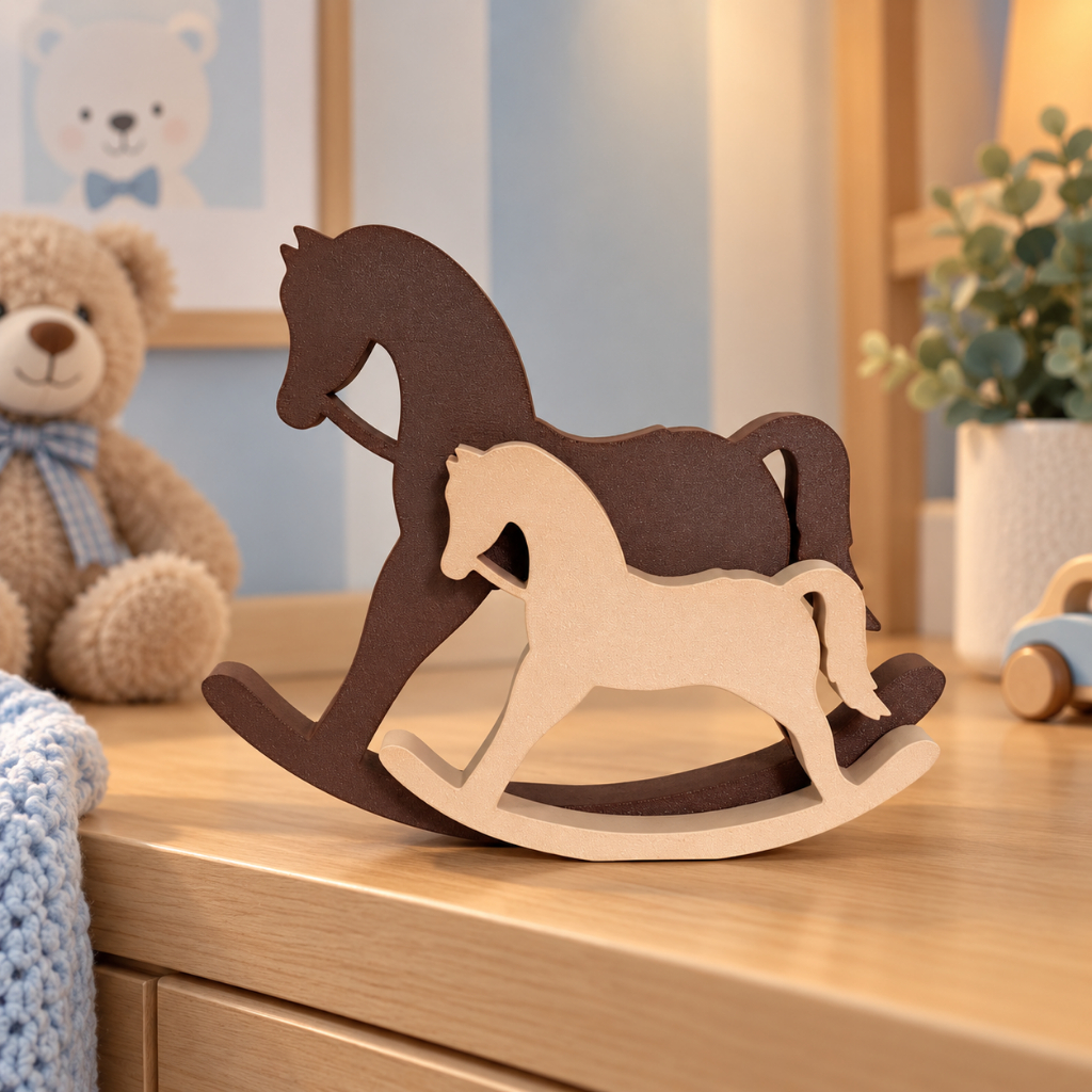 Kit Cavalinho de Balanço 3D Decorativo Quarto Bebê Infantil Decoração Prateleira Cômoda 10 e 15 cm