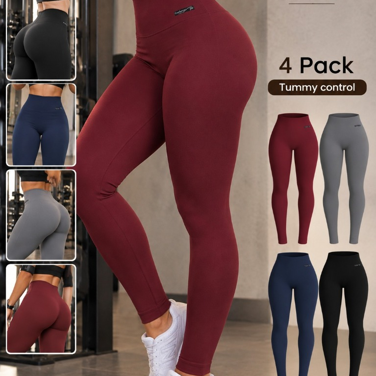 Kit 4 Calças Legging Cintura Alta Modeladora Zero Transparência Feminina Suplex Academia