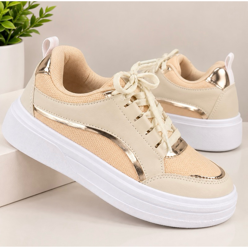 Tênis Feminino Bege Casual Confortável Leve Detalhe Dourado