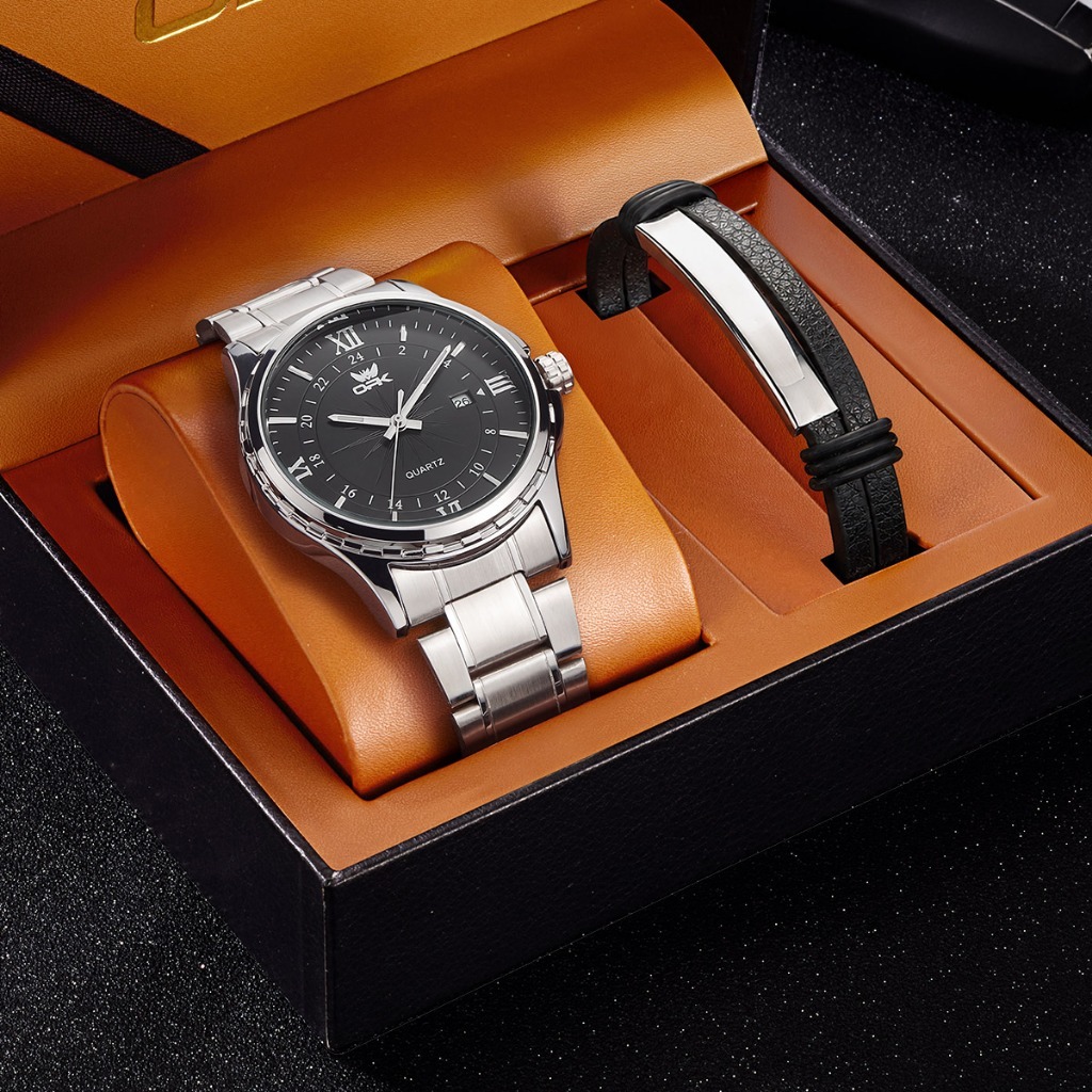 OPK Conjunto Relógio Masculino Quartzo Preto Pulseira Couro Aço Inoxidável Calendário Luxo Presente Caixa 6003 — imagem 2 de 2
