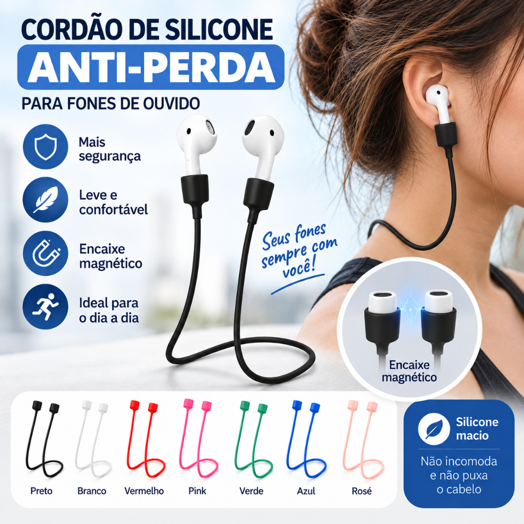 Cordão Magnético Anti-Perda de Silicone para Fone de Ouvido Airpods e Similares Premium Leve Seguro