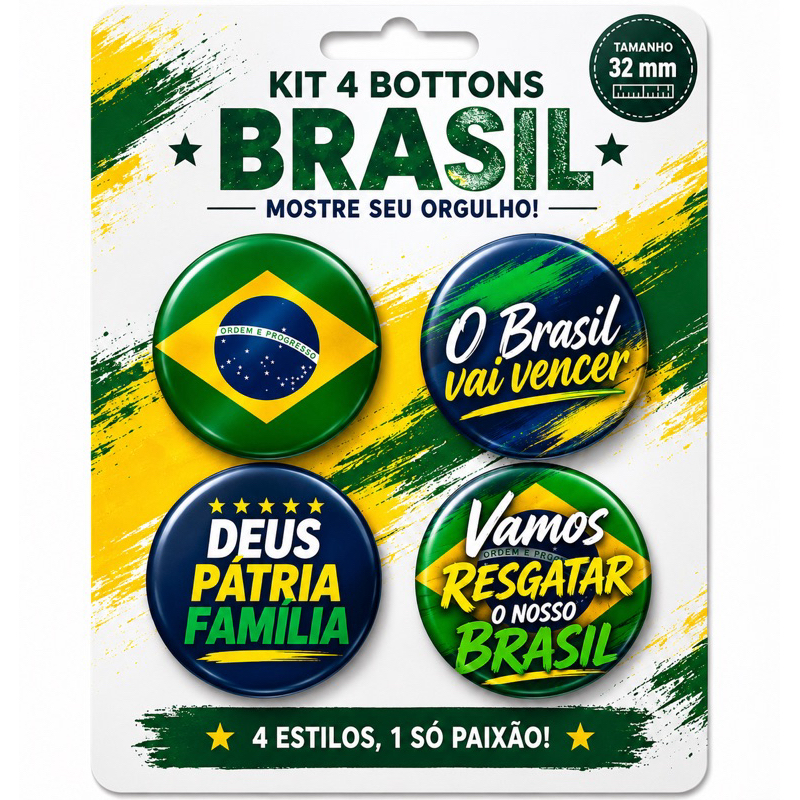 Kit 4 Botton Brasil Pin Broche Brasil com Alfinete