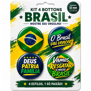 Kit 4 Botton Brasil Pin Broche Brasil com Alfinete
