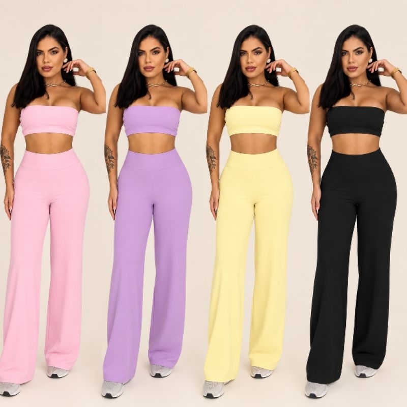 Conjunto Fitness Feminino Top e Calça Wide Leg