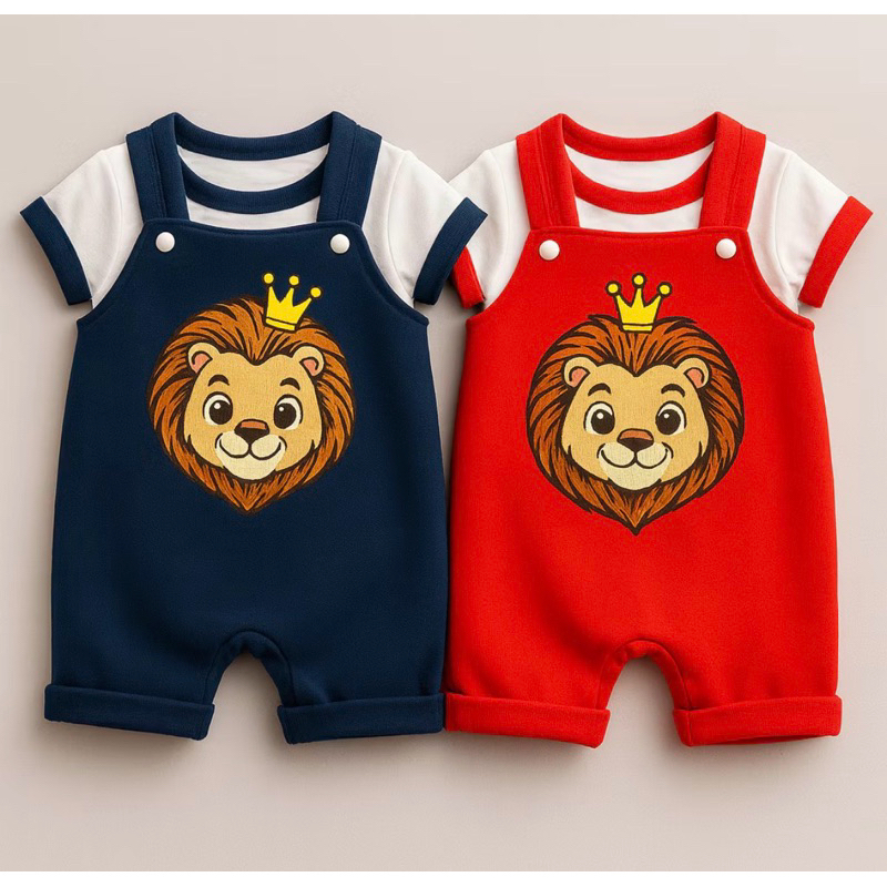 Kit 2 Peças Conjunto Jardineira e Camiseta Menino Safari Leão Confortável Roupa de Crianç