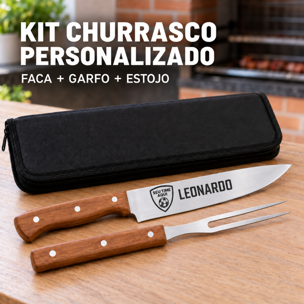 Kit Churrasco  Personalizado 3 Peças Faca Garfo e Estojo Gravação a Laser Nome Time Logo Profissão