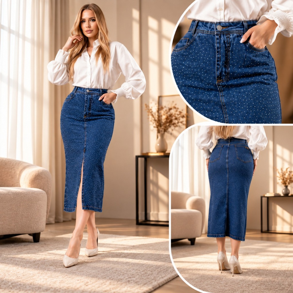 Saia Jeans Midi Premium Cintura Alta com strass evangélica com Fenda lateral mulher elegante conforto moda evangélica