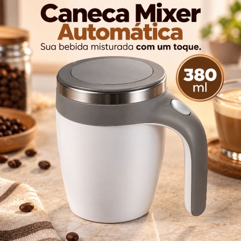 Caneca Mixer Automática 380ml Misturador Elétrico Portátil Inox para Café Shake Whey