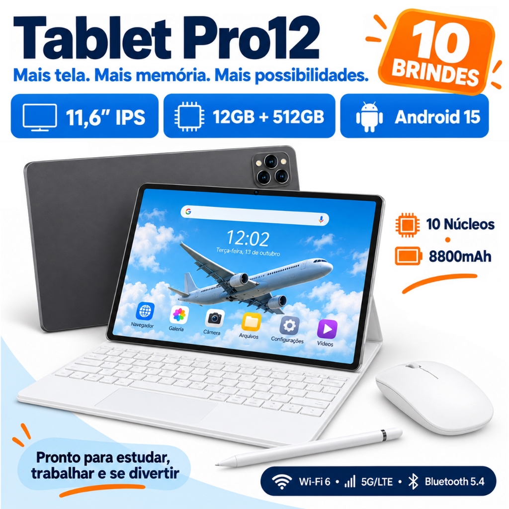 2026 New Tablet pad Pro 12 5G Tela Grande PC Android Tablet Com Teclado 11.6 Polegadas 12GB RAM 512GB LTE WiFi Bluetooth