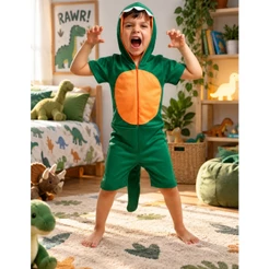 Fantasia Menino Dinossauro CURTO Unissex Carnaval Kigurumi Pijama Roupa Dinossauro Infantil