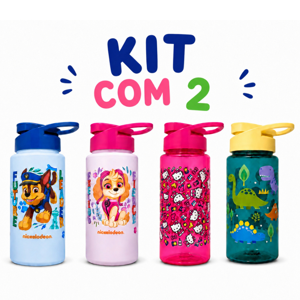 Kit com 2 Garrafinha de Água Infantil 500ml Patrulha Canina Dinossauro Hello Kitty Criança Squeeze
