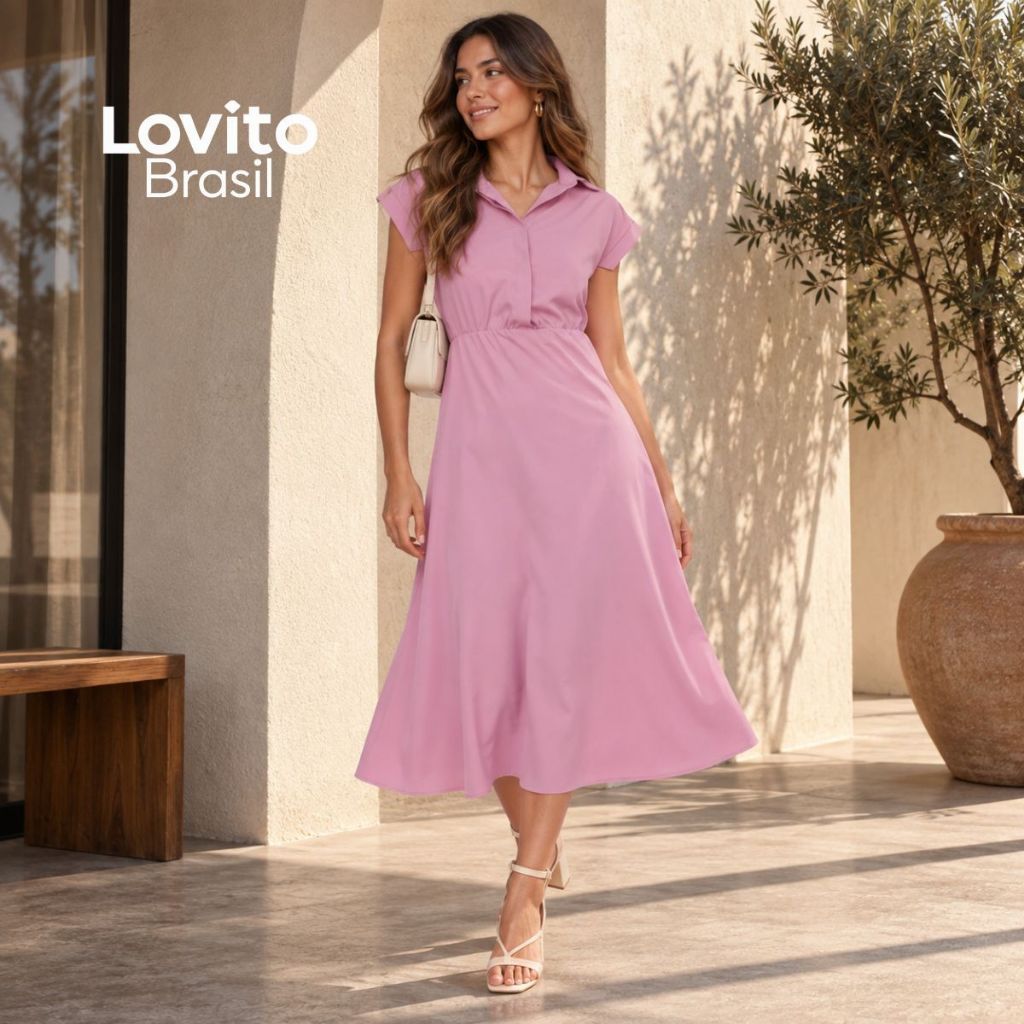 Lovito Vestido Midi Rosa Moda Elegante Feminino Liso em A BRDRB612BRL642