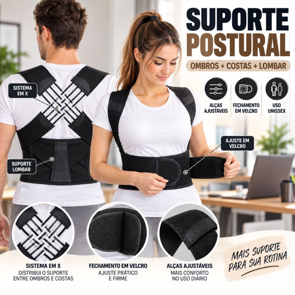 Cinta Corretor Postural Lombar Ajustável Unissex Suporte Costas Ombros Preta