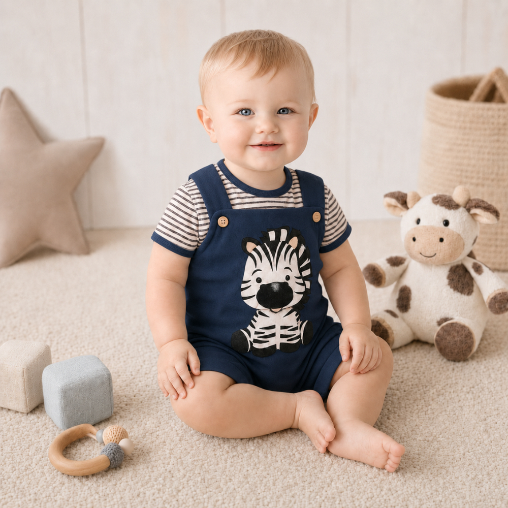 Conjunto Bebê Menino Jardineira Macacão Estampa Zebra com Camiseta de 100% Algodão Confortável 3 a 6 Meses