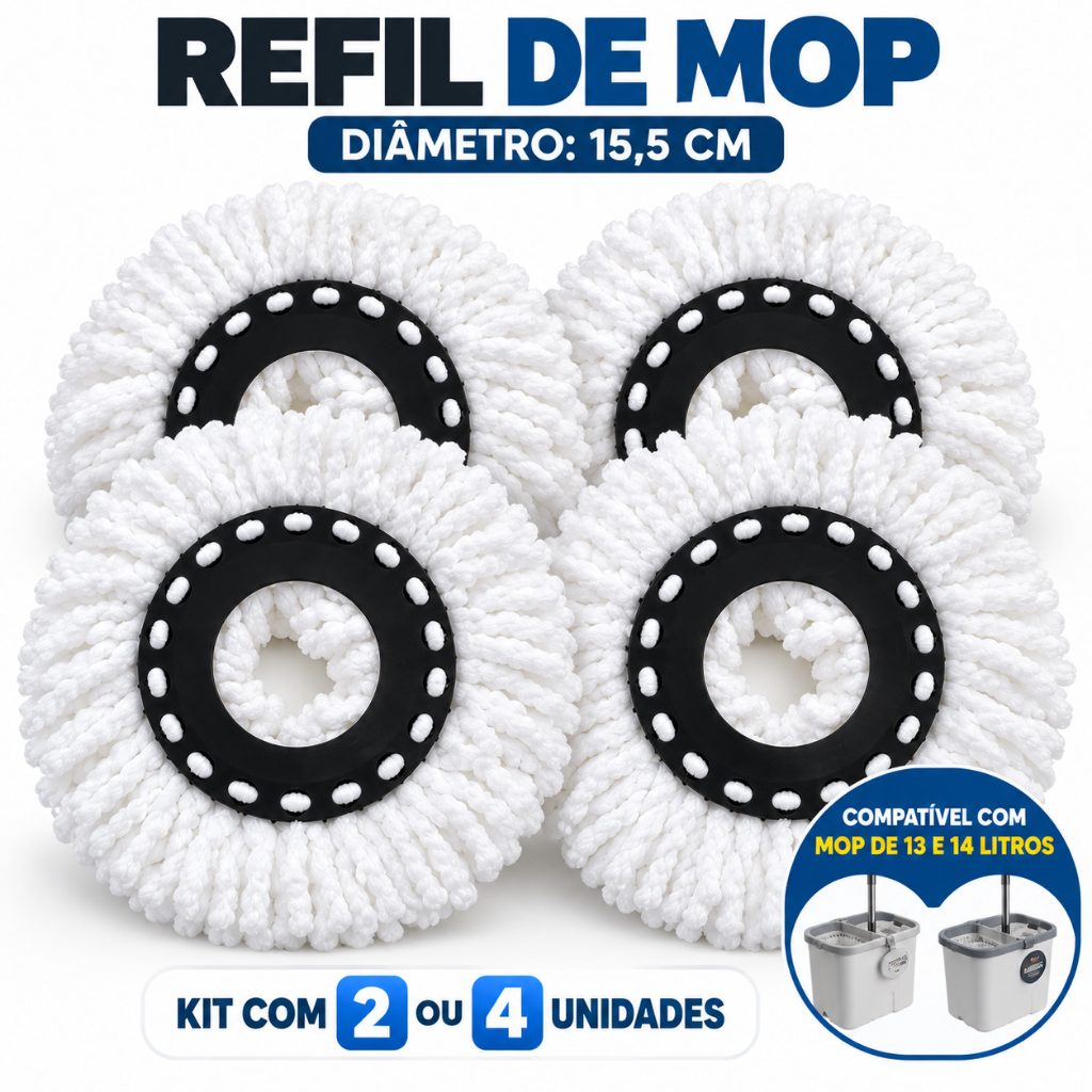Kit Refil Para Mop 360 Giratório 15,5cm 13/14 Litros Esfregão Magico de Microfiba