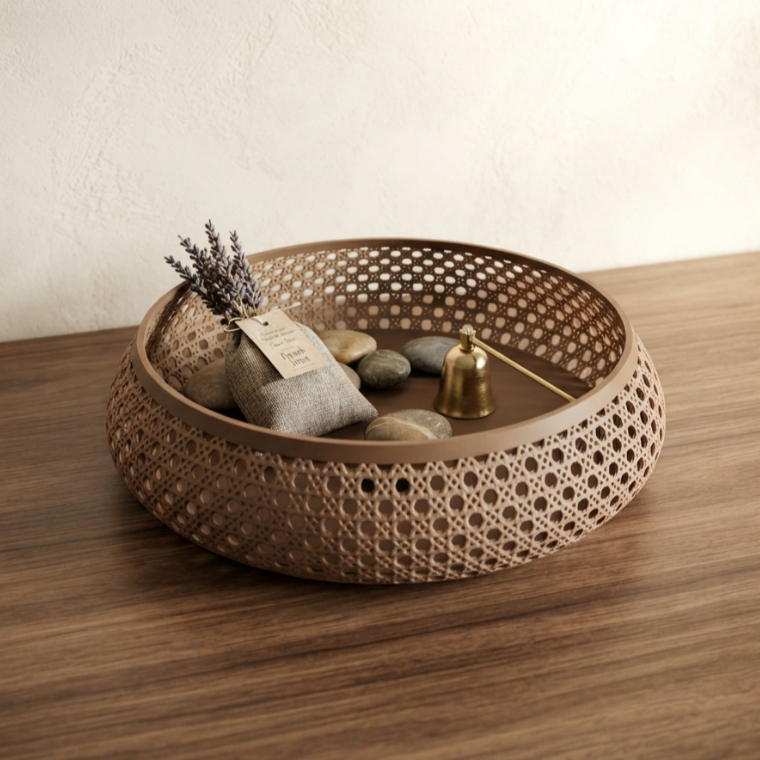 Bandeja Organizadora Redonda Estilo Rattan Decorativa cesto Multiuso Porta Chaves Joias Mesa