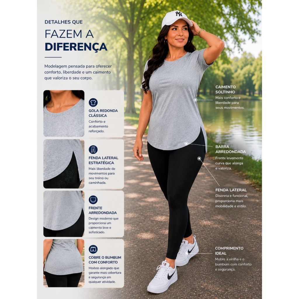 Camiseta Feminina Academia, Fitness Esportes Caminhada, Pilates, Yoga, Tapa Bumbum G ao G2 Plus Size Longa Confortável