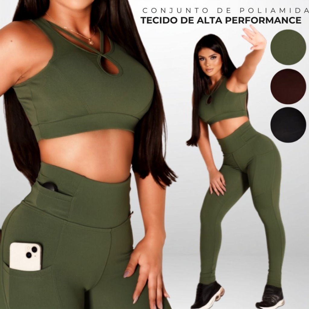Conjunto Fitness Feminino Poliamida Premium Legging Com Bolso + Top Bojo Removível Zero Transparência