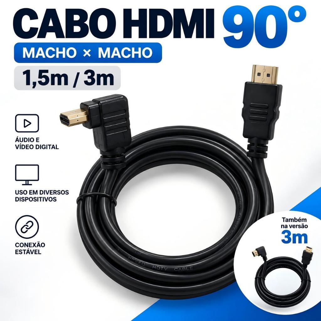 Cabo HDMI 90 Graus Macho Macho 1,5m ou 3m Ponta Reta e Angular para TV Monitor PC