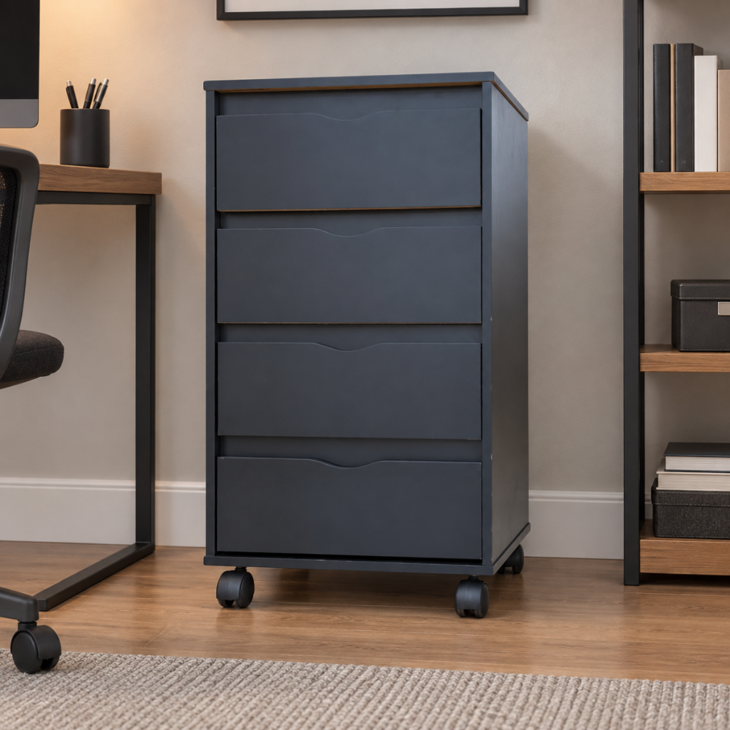Gaveteiro Preto Multiuso 4 Gavetas com Rodízios MDF para Quarto Home Office Escritório Organizador Compacto
