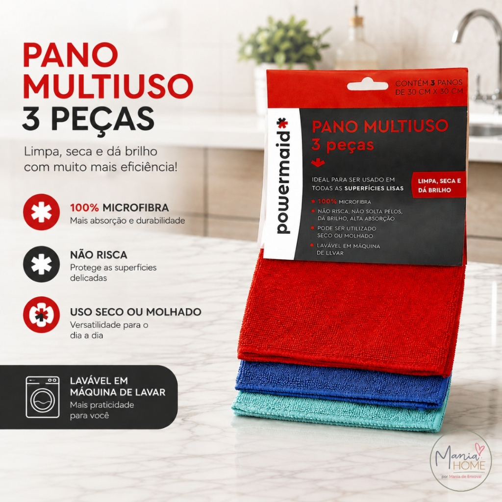 Kit Panos De Microfibra Multiuso Para Limpeza Superfícies Alta Absorção Não Risca Casa Powermaid