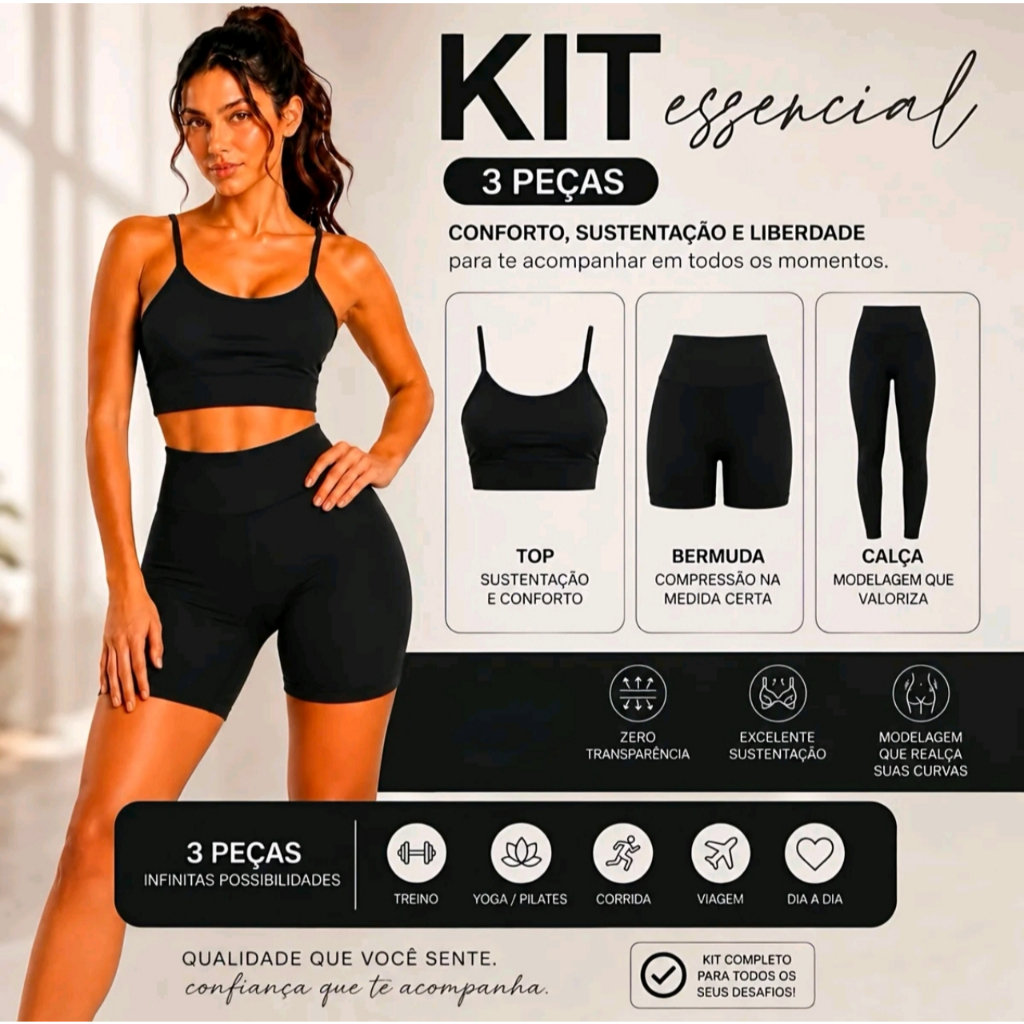 Kit Fitness Feminino 3 Peças Top + Bermuda + Calça Legging Cintura Alta Academia Modelador