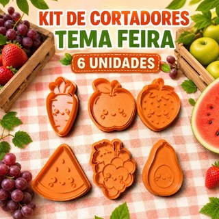 Kit 6 Cortadores e marcadores de Biscoito Tema Frutas Feira/ cortador de massinha, biscoito, pasta americana