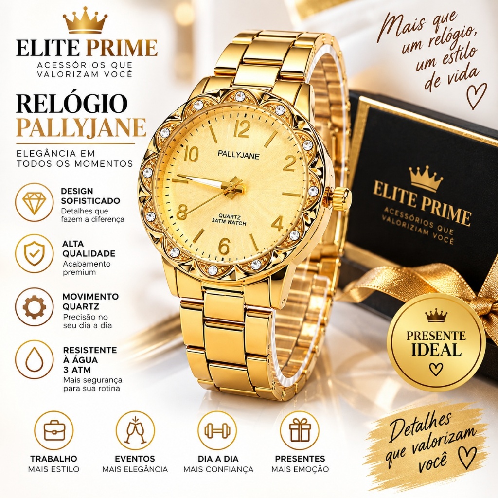 Relógio Feminino Dourado Luxo Aço Inoxidável Resistente à Água Casual Elegante Pallyjane