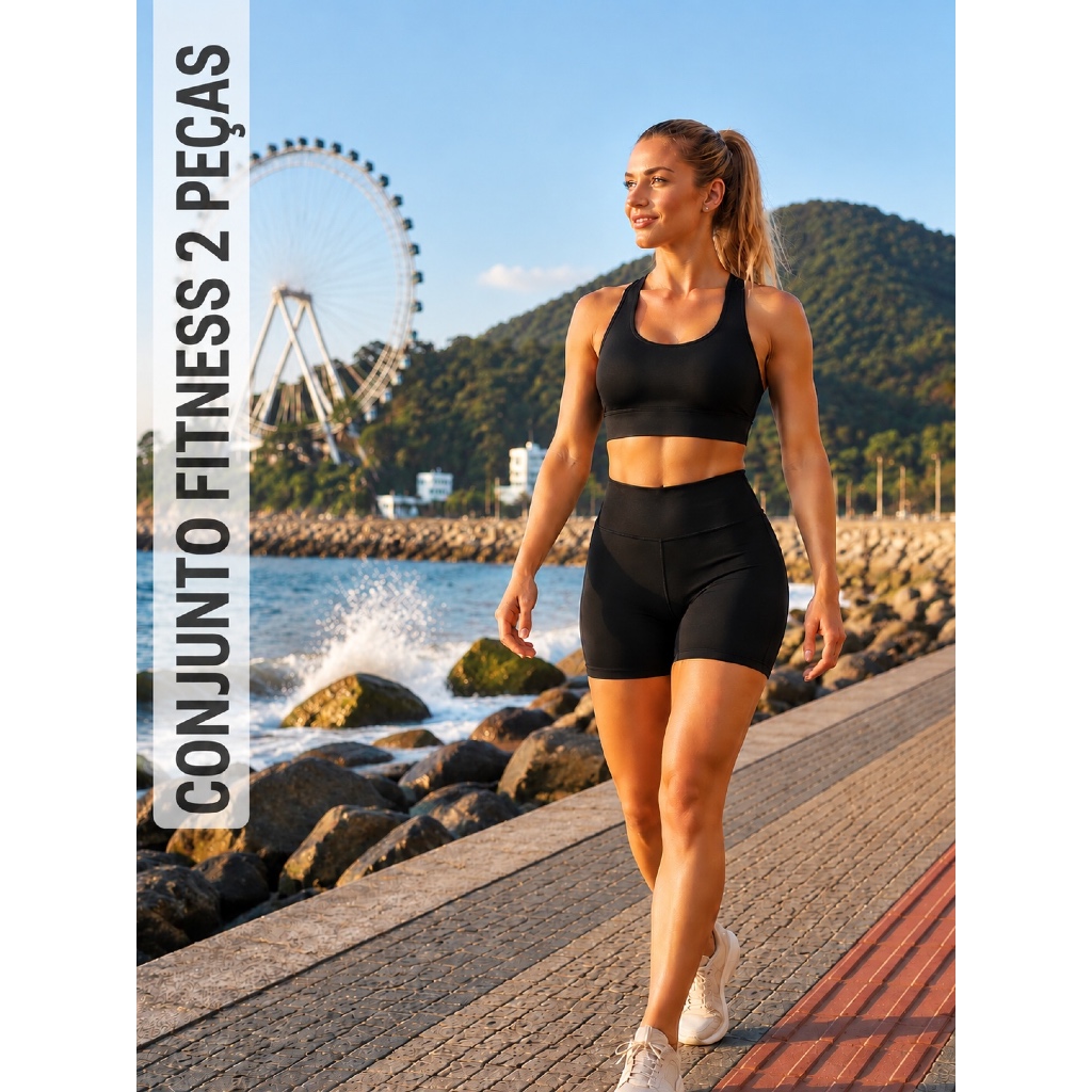 Conjunto Fitness Feminino 2 Peças Top Nadador + Shorts Suplex Academia Zero Transparência Preto