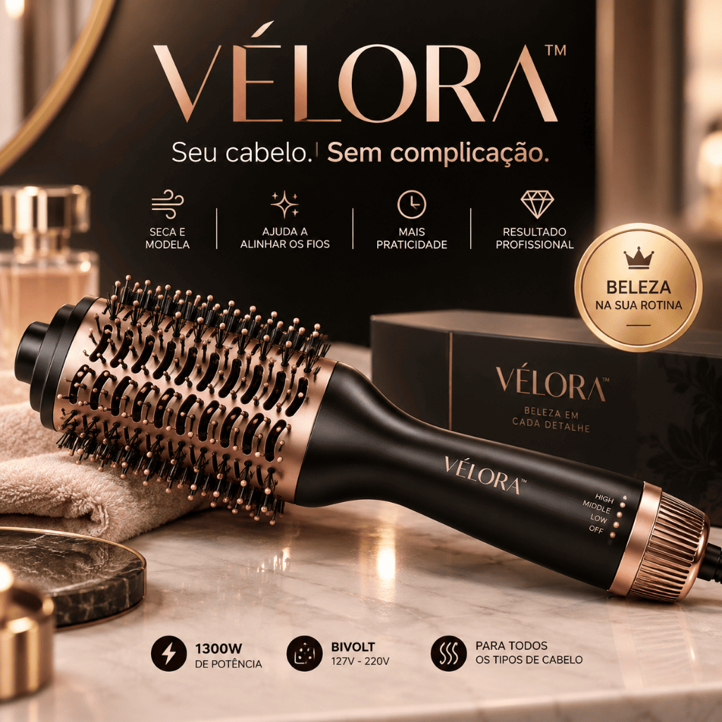Escova Secadora VÉLORA 1300W Bivolt Profissional – Escova Modeladora Alisadora e Secadora de Cabelo