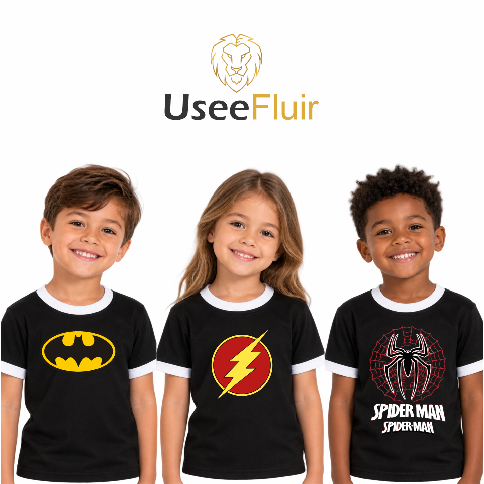Camiseta Infantil Heróis Menino e Menina – Camisa Preta Estampada Gola e Manga Branca