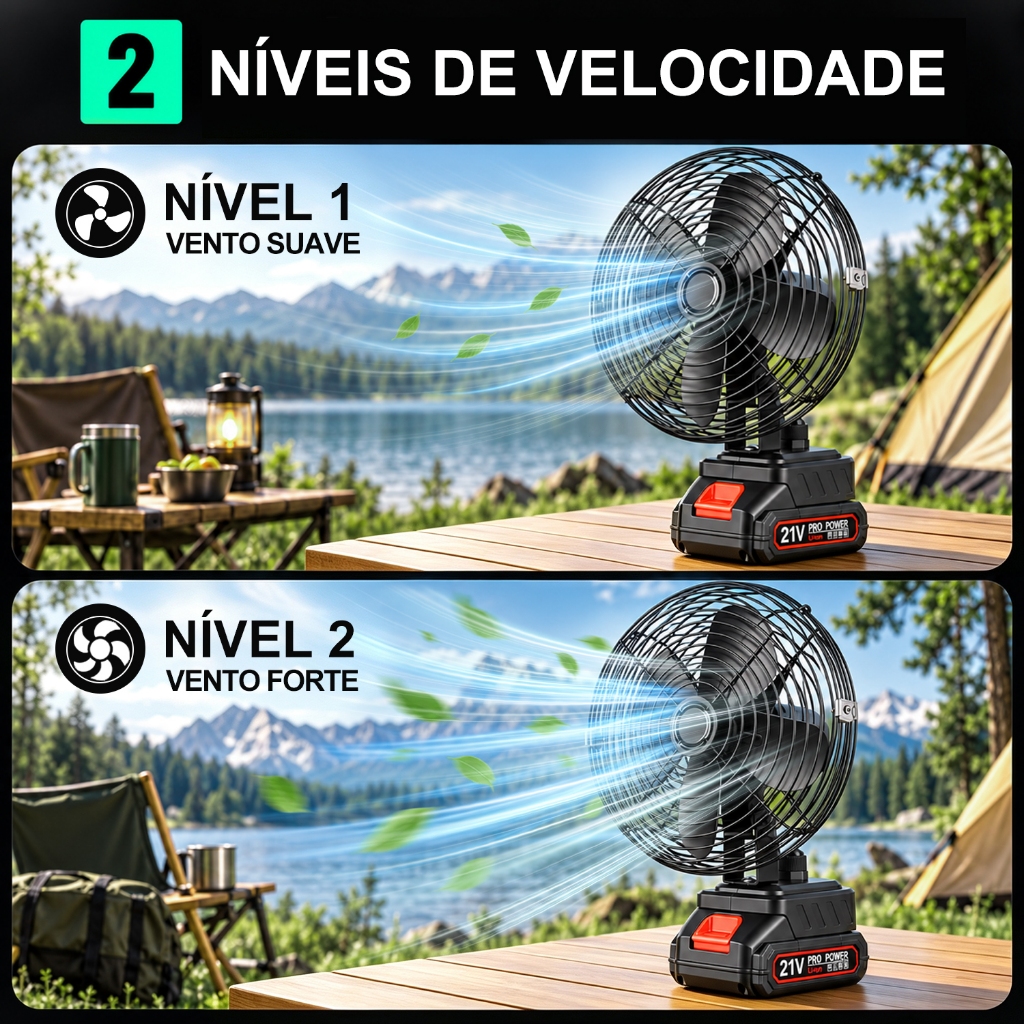 Ventilador Portátil Acampamento 8 Polegadas 30W 2 Baterias 7500mAh Luz LED 270° Sem Escova USB Recarregável Hivento · foto 2