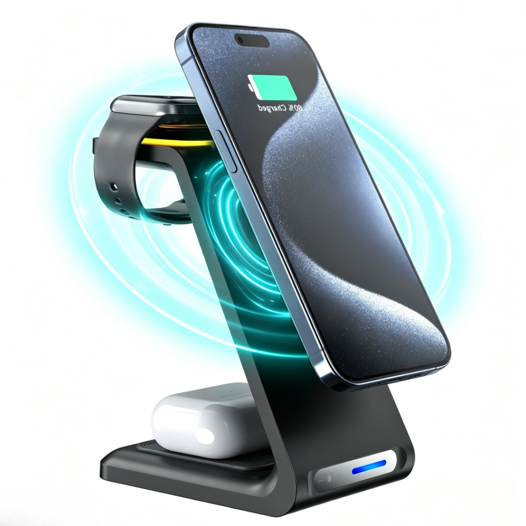 Carregador Sem Fio Magnético 3 em 1 15W  Suporte de Mesa para Celular Smartwatch
