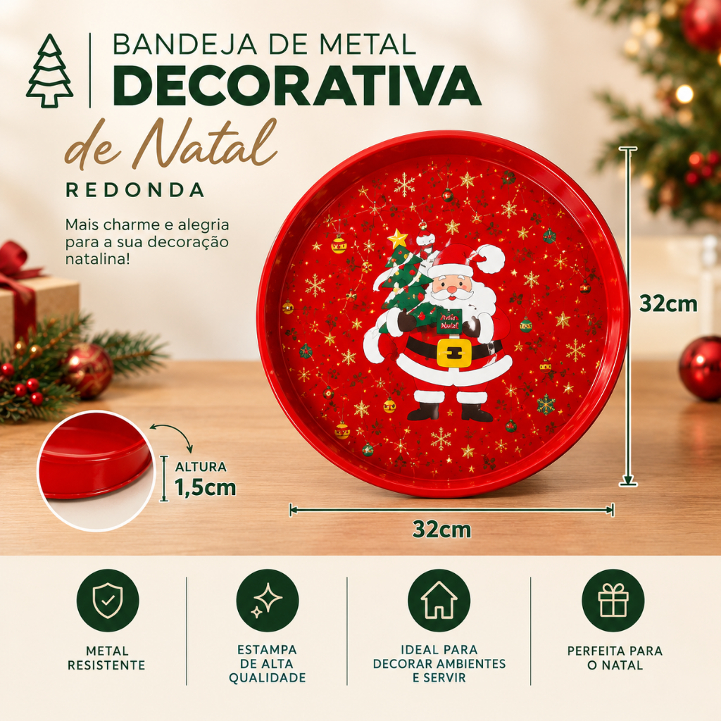 Bandeja de Metal Decorativa de Natal Redonda - 32x32x1,5cm - Premium | Decoração Natalina — imagem 2 de 2