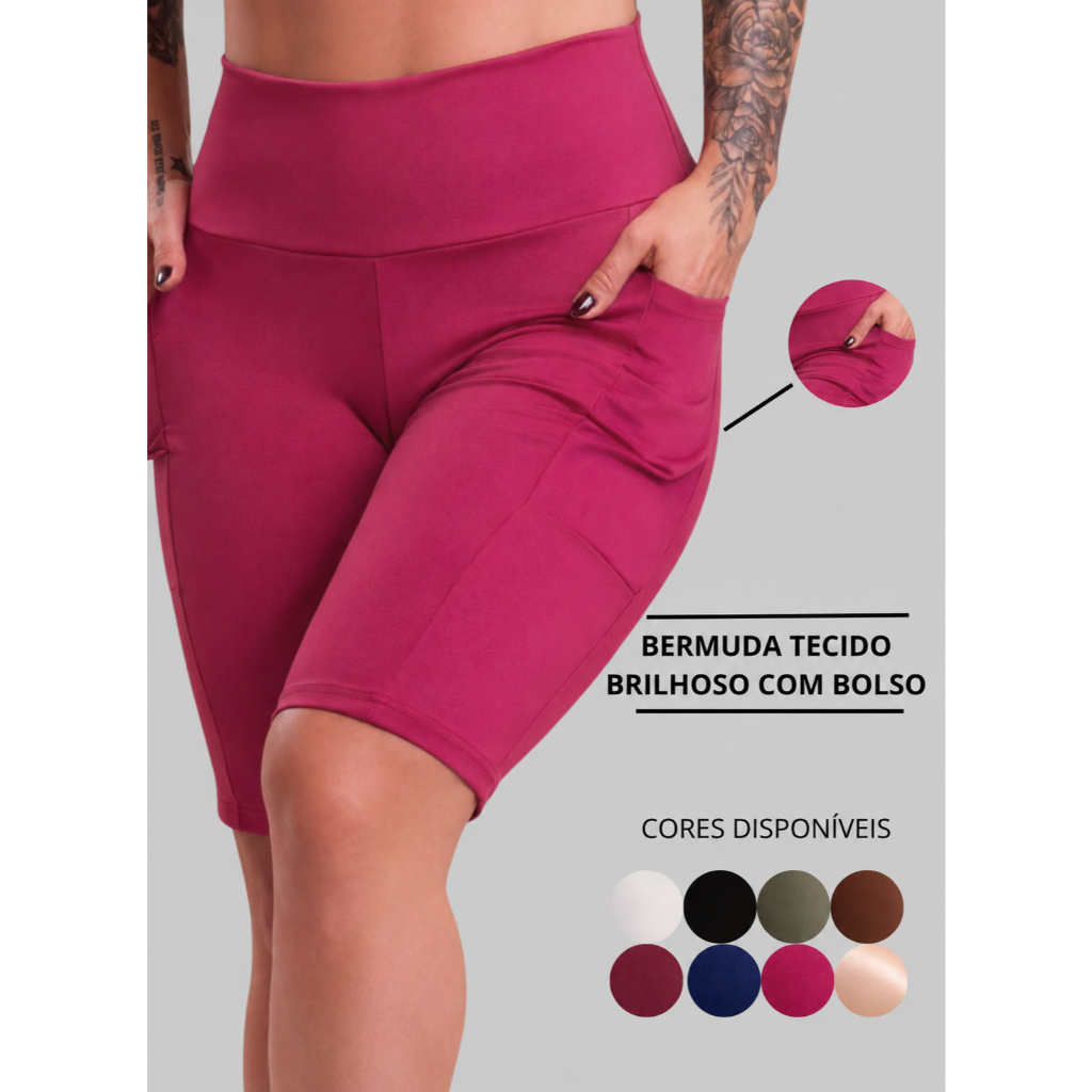 Bermuda Feminina Fitness Cintura Alta Com Bolso Tecido Brilhoso Academia Treino Ciclista Dia A Dia ZERO TRANSPARÊNCIA