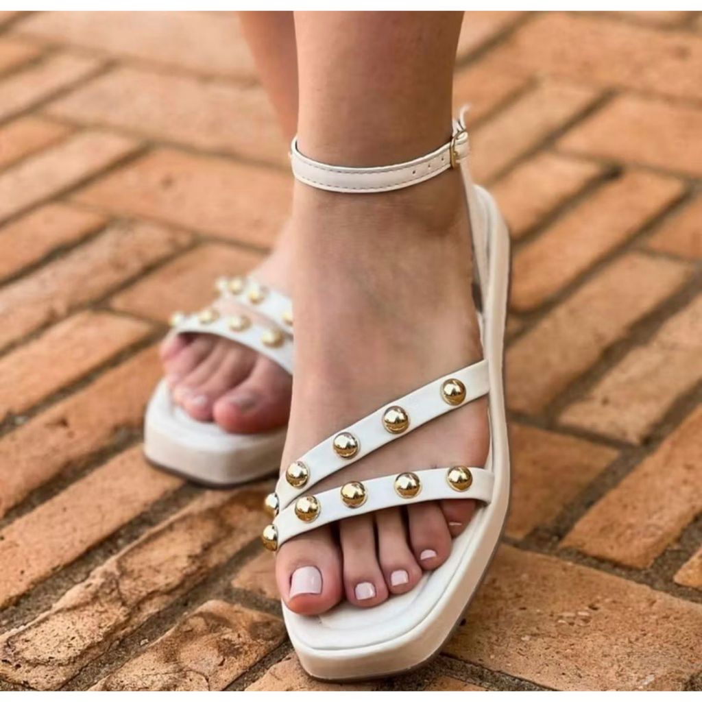 Sapato Feminino Sandália Plataforma Baixo Tiras Meia Esferas Regulagem Confortável Palmilha Acolchoada Casual Elegante