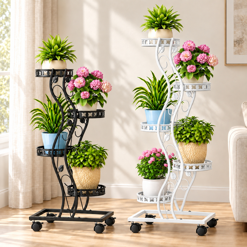 Suporte para Plantas e Vasos em S com Rodinhas e Trava Floreira de Chão Aço 4 e 5 Andares Preto Branco Silver Steel