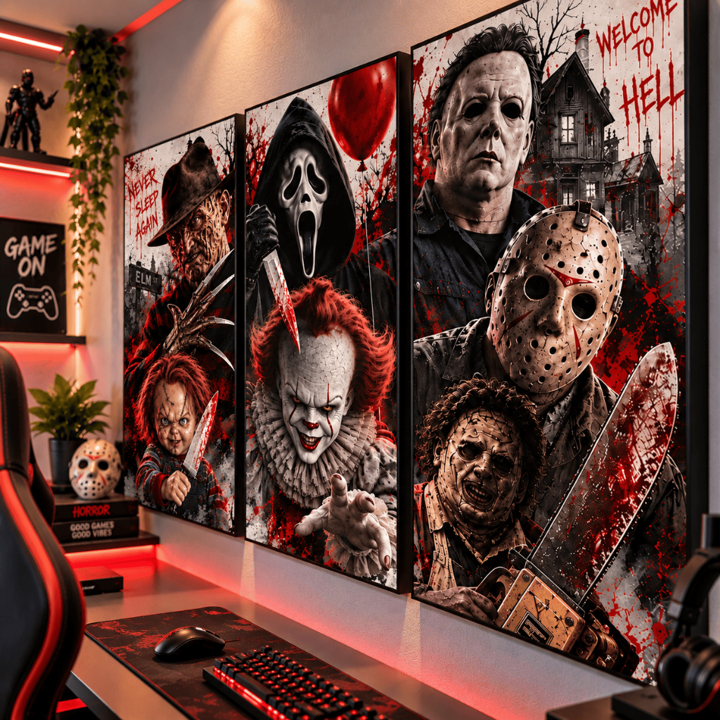 Quadro Filmes de Terror 3 Peças Halloween Personagens Clássicos do… (Mural Encanto)