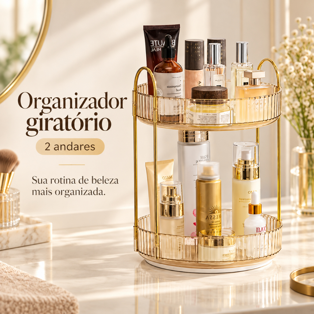 Xintu Organizador Giratório de Maquiagem 2/3 Andares, Suporte de Cosméticos em Acrílico com Estrutura Metálica Dourada,