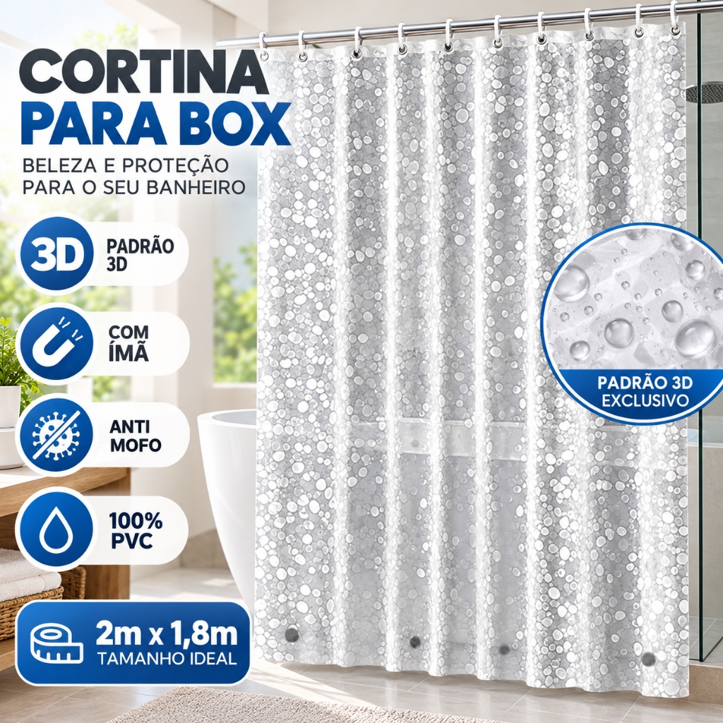 Cortina Para Box de Banheiro 3D com Ímã Anti Mofo 100% PVC com Ilhós 2m x 1,8m Resistente