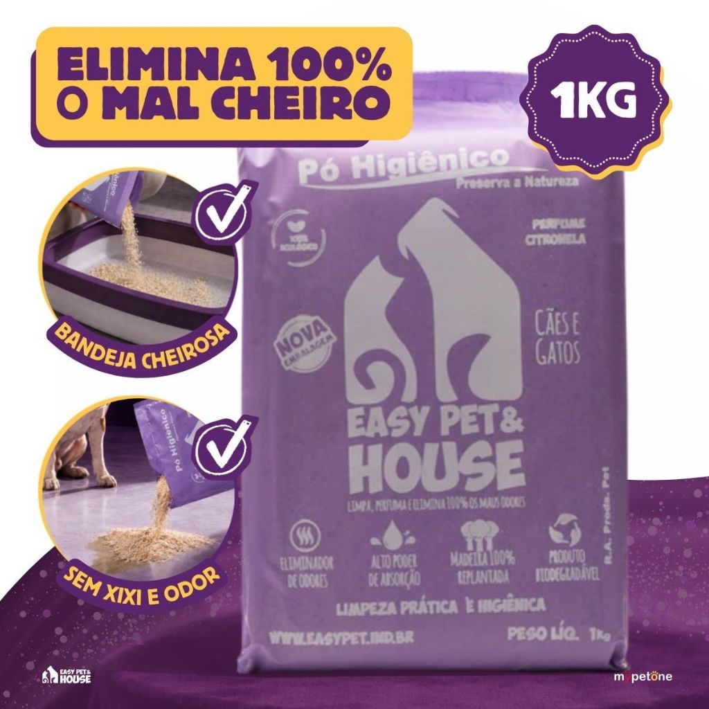 Pó Higiênico 1kg Citronela Antiodor Seca Xixi Cães e Gatos EasyPet Limpeza Fácil com Ação Bactericida