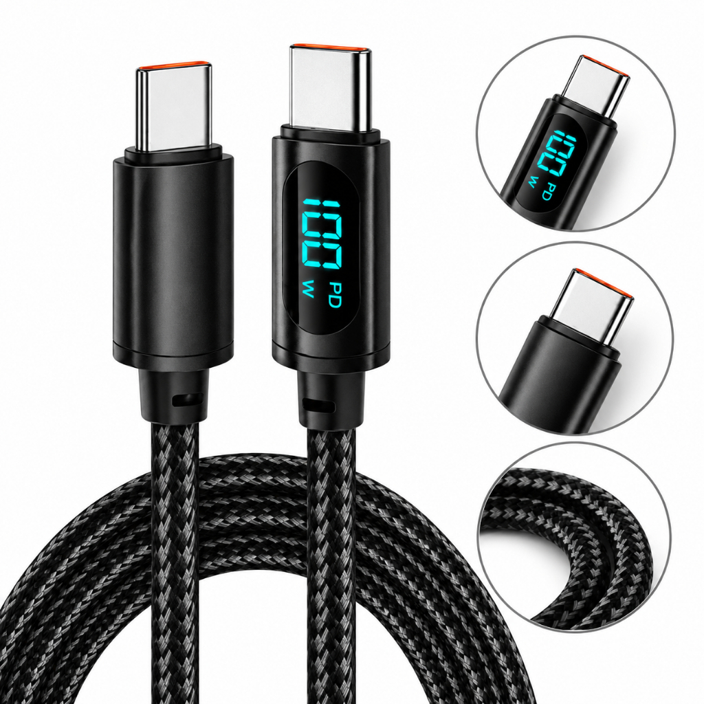 Cabo Tipo C USB-C 100W Carregamento Turbo Rápido Premium Display Digital