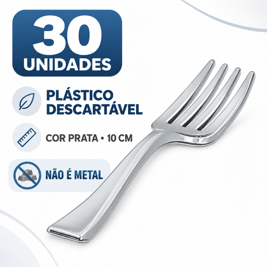 Mini Garfo de Plástico Descartável - Cor Prata - 10cm – 30 Unidades – Silver Festas