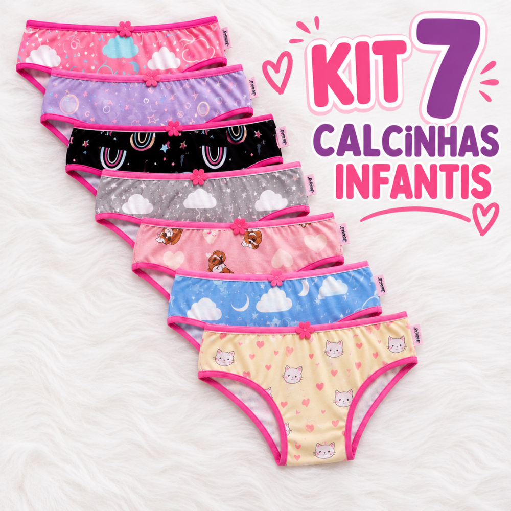Kit 7 Calcinhas Infantil Menina Forro 100% Algodão Confortável Tecido Suede Estampas Variadas