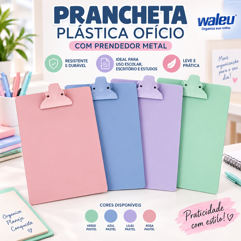 Prancheta Plástica Oficio Cor Pastel com Prendedor Metal Waleu