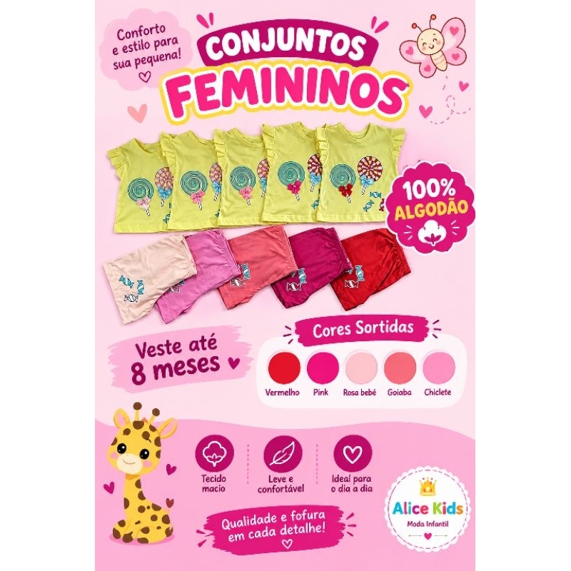 Conjunto Infantil Feminino Doce Camiseta e Short – Estampa Pirulito e Balas