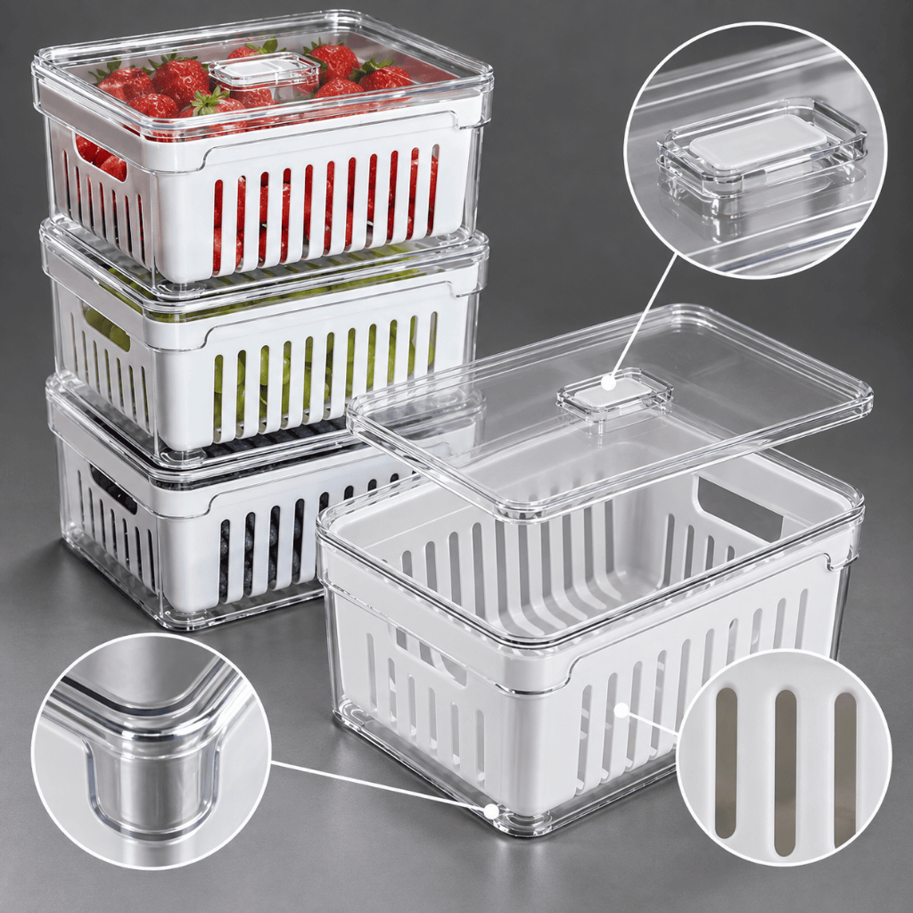 Kit 4 Organizadores de Geladeira 2,2L Cesto Interno Plástico Sem BPA Pote de Acrílico Organizador Frutas Legumes Frescos