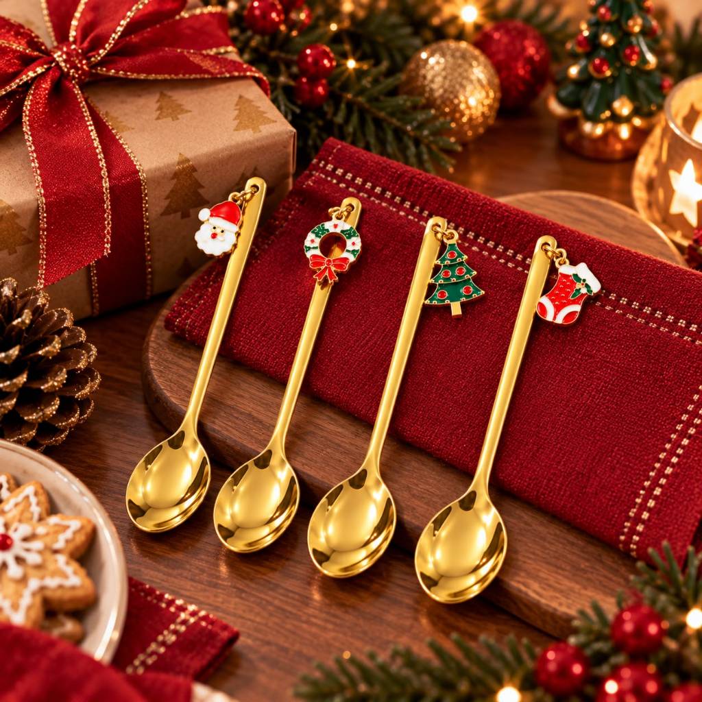 Kit 4 Colheres Natalinas com decoracao pingente Natal para Cha Cafe Sobremesa Mesa Posta