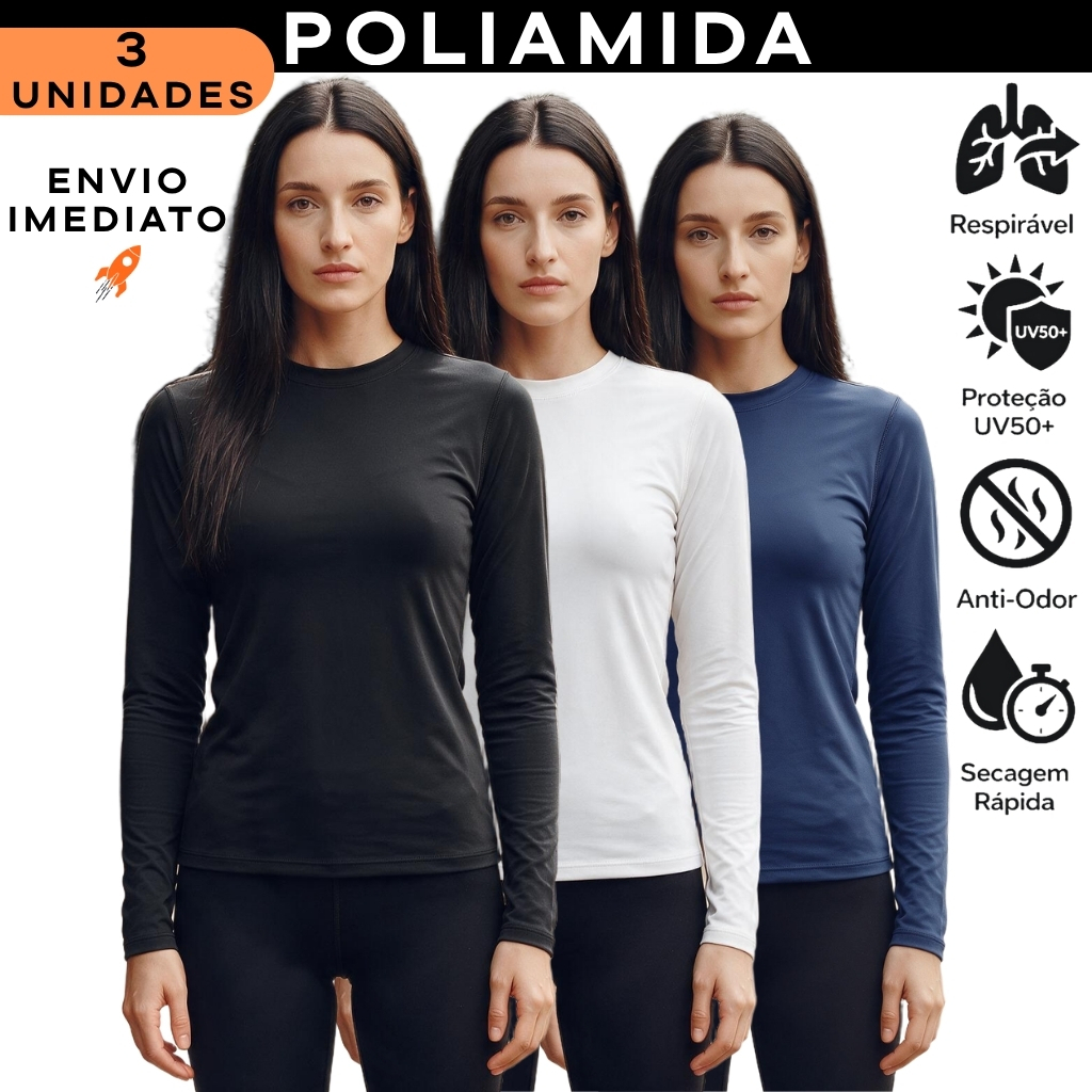 Kit 3 Blusa Térmica Anti Odor Poliamida Feminina Manga Longa Proteção Uv50+ Microfibra Tecido Gelado